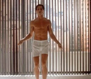 Patrick Bateman doing a jump rope workout