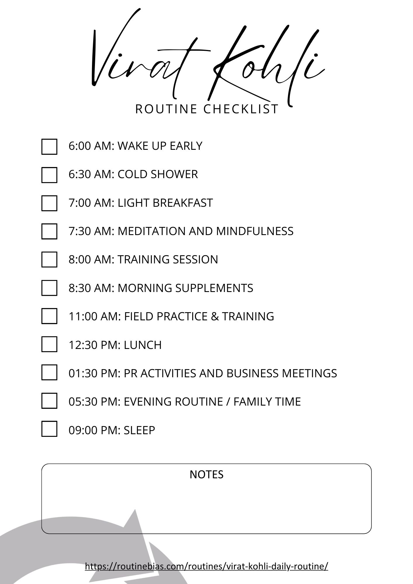 Virat Kohli’s Daily Routine Checklist